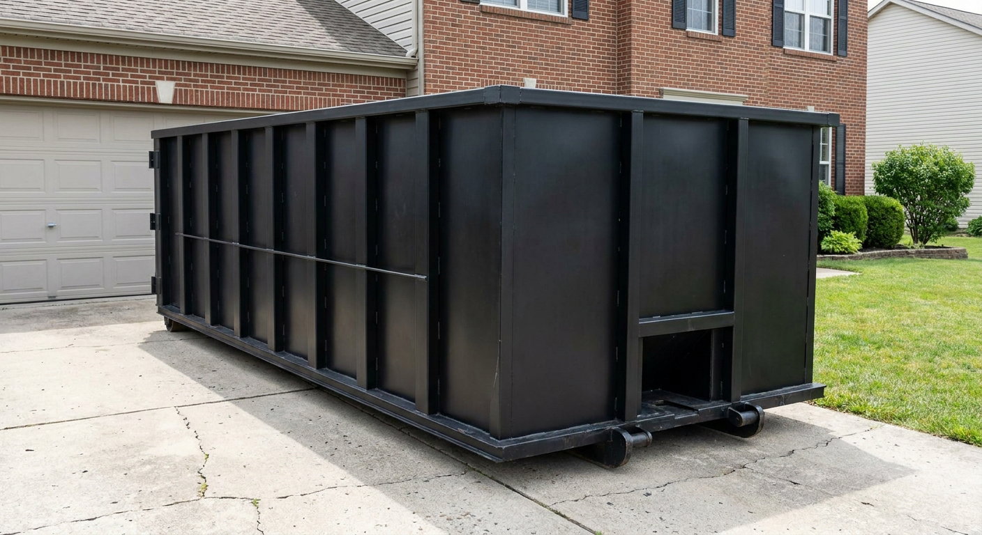 Matte-black 20-yard roll-off container on a Camden residential concrete driveway with reinforced ribbed steel sidewalls and a hinged rear walk-in door, clean bright daylight.