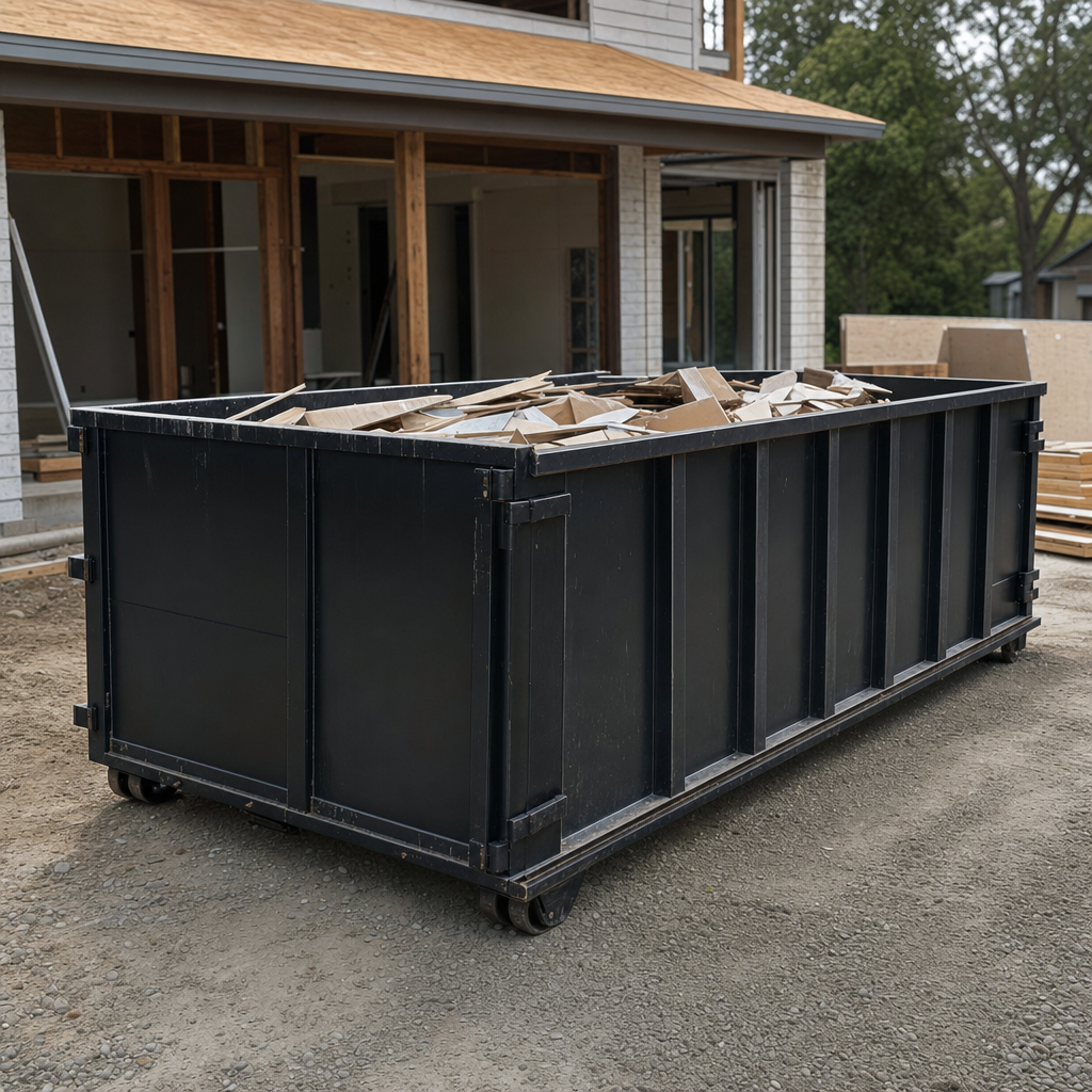 Large matte-black 30-yard construction roll-off dumpster at an active Camden jobsite, steel-gray top rails and bottom rollers visible, loaded with construction debris.