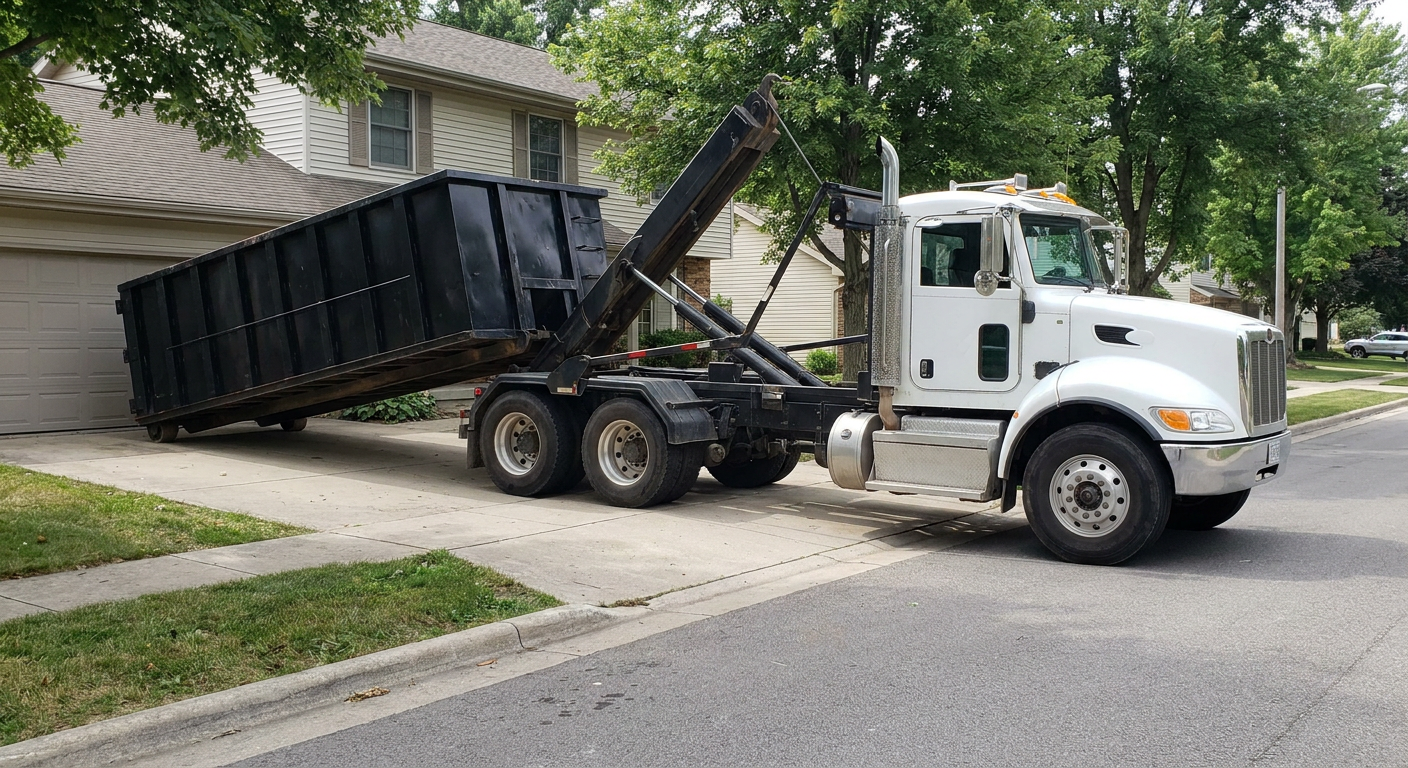 White-cab hooklift roll-off truck actively lowering a matte-black dumpster onto a Camden residential concrete driveway, the dumpster's rear wheels touching the driveway as the hoist arm tilts the bed forward, mid-morning daylight.